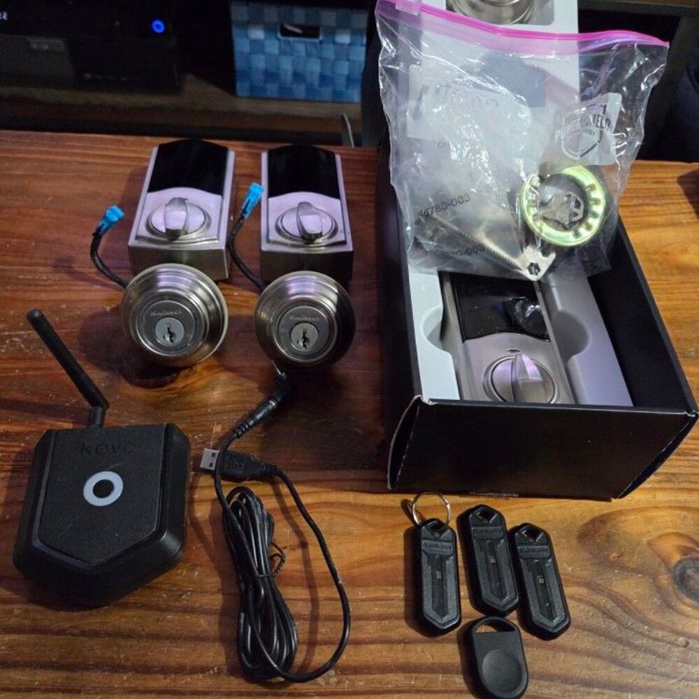 3 Kevo 2nd Gen Smart Locks, Kevo Plus Hub, 3 Key Fobs
